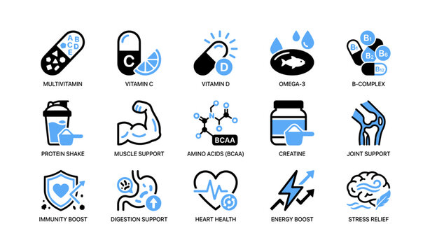 Vitamins and supplement icons arranged in grid on white background