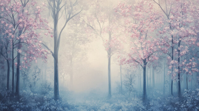 Watercolor forest painting. Colorful forest illustration with blooming trees and flowers in the ground.