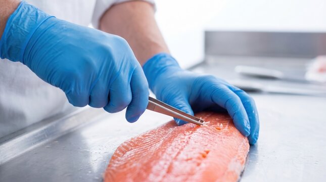 Chef in blue gloves using tweezers to remove pinbones from a raw salmon fillet