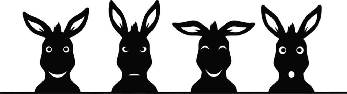 Donkey Head Silhouettes Collection with Different Expressions Isolated on White Background