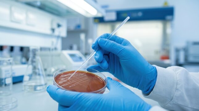 Scientist streaking an agar plate with a glass inoculation loop in a laboratory