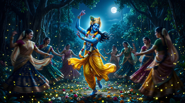 Krishna dancing with gopi in moonlit forest clearing during festive raas celebration