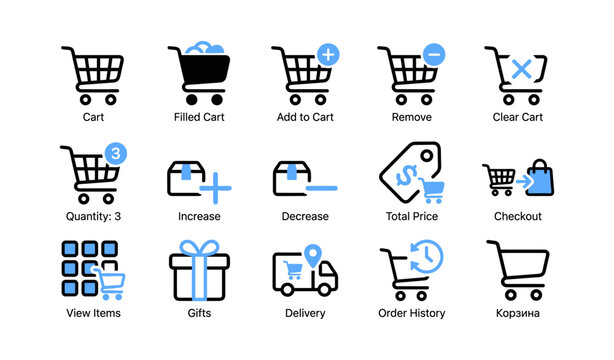 Ecommerce cart icons showing add remove and checkout on white