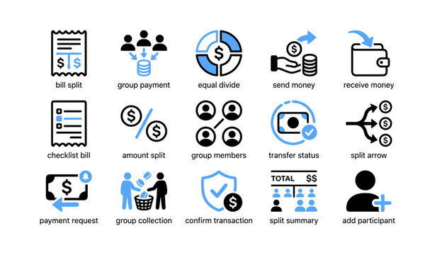 Payment icons depicting splitting and group transactions in grid