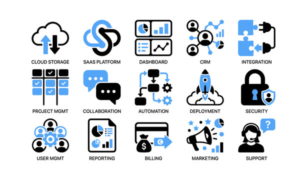 Saas and platform icons showing features like storage and crm