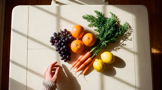 Intentional produce arrangement rests on cream table in warm kitchen light