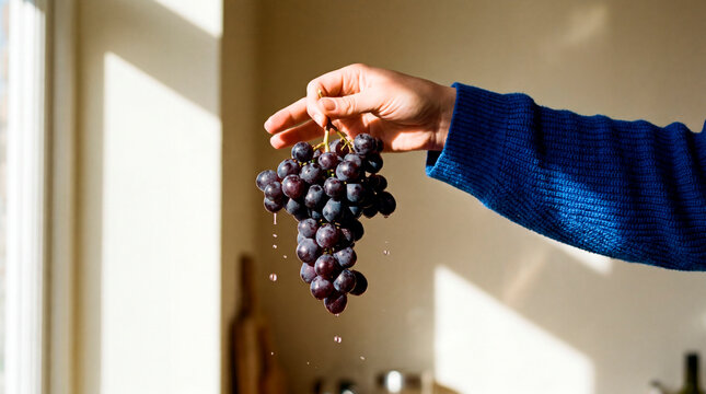 Attentive hand holds dripping grape cluster near window 