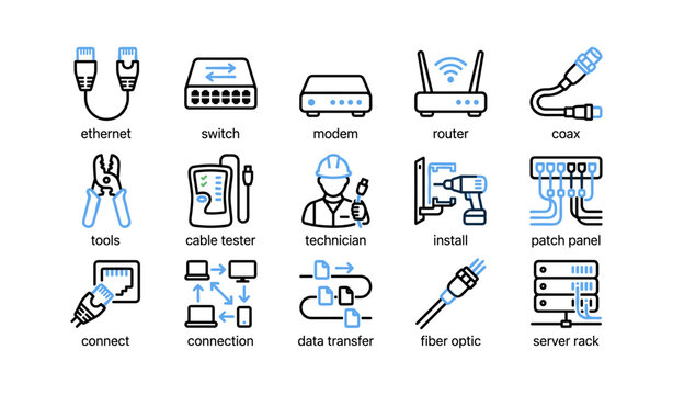 Network hardware and installation icons on white background