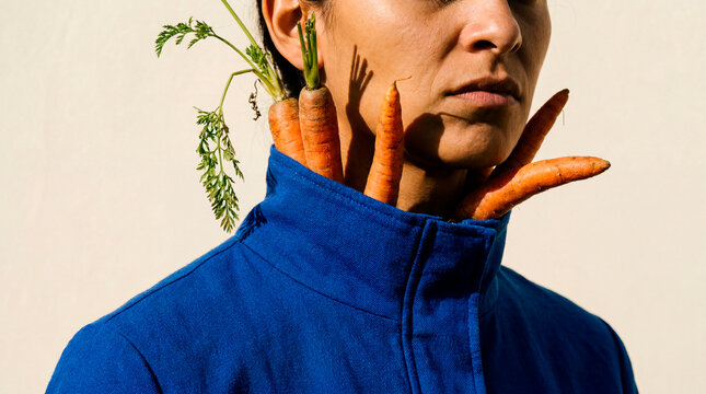 : Resolute woman wears carrot stems in blue collar for surreal produce portrait