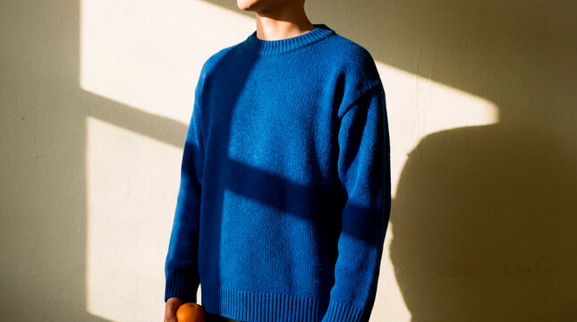 Introspective person stands in blue sweater with window shadow on cream wall