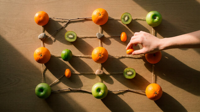 Intentional fruit map connects citrus and grape on sunlit tabletop installation