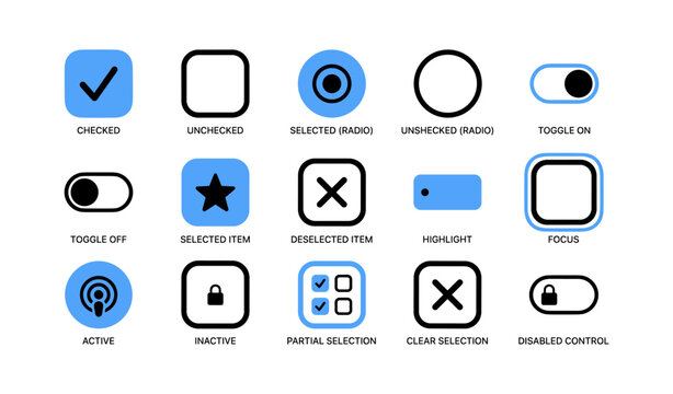 User interface control icons showing selection states and toggles