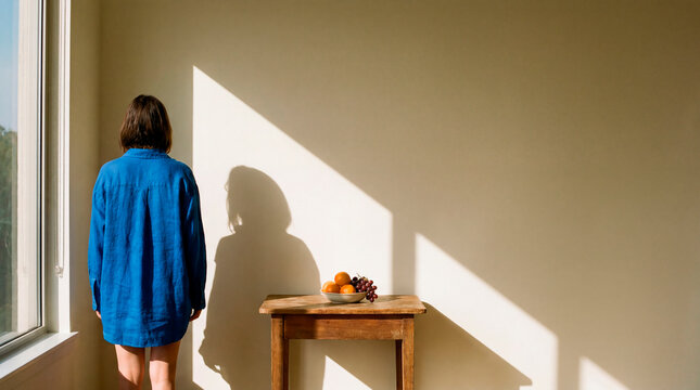 Introspective woman faces wall beside fruit bowl in quiet geometric light