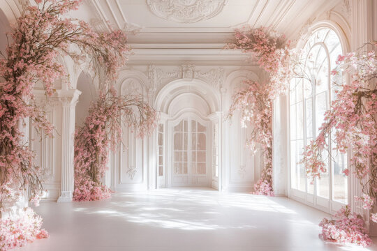 Enchanted White Victorian Hall with Pink Floral Vines. A high-key, realistic photograph capturing the ethereal beauty of a grand, white French Victorian or neoclassical palace interior.