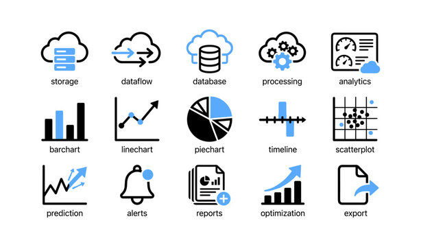 Cloud data and analytics icons showing charts on white background