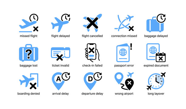 Airline disruption icons arranged in grid on white background