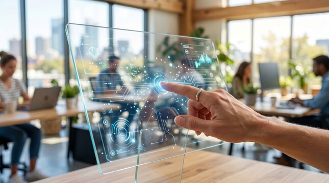 A woman collaborates on a futuristic touchscreen display in a bright, modern office environment.