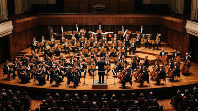 A diverse orchestra performing in a grand concert hall, showcasing musicians in elegant attire, creating a harmonious atmosphere.