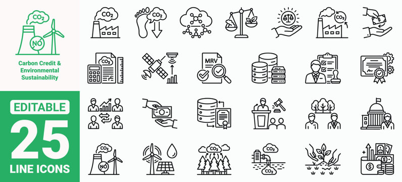 Carbon Credit and Environmental Sustainability Icon Set. Green Neutral Energy, CO2 Emissions Reduction, Climate Finance, Pollution Tracking Registry Line Vector Art