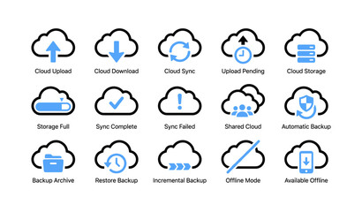 Obraz premium Collection of cloud backup and sync icons arranged in grid