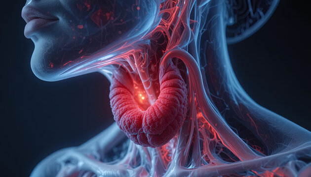 Human thyroid gland is highlighted within the neck anatomy in this medical visualization.