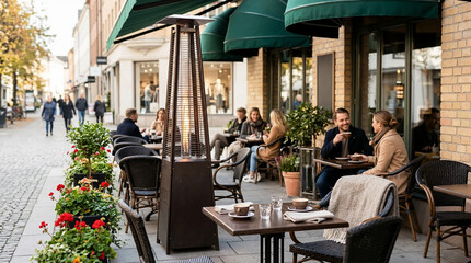 Obraz premium Smiling couple at an outdoor cafe table with a glowing pyramid patio heater. People dining on a cozy sidewalk terrace along a cobblestone street