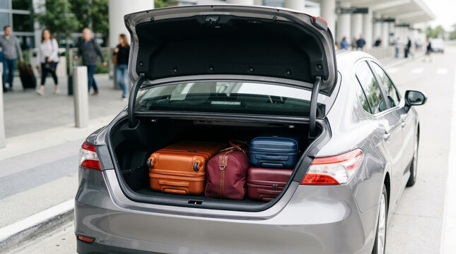 Open trunk of a grey sedan filled with colorful suitcases. Luggage in a car trunk at an airport terminal drop off zone