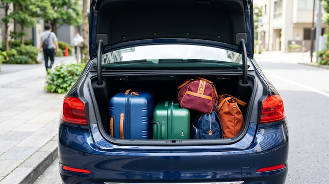 Open trunk of a blue sedan packed with colorful travel luggage. Suitcases and duffel bags in a car trunk on a city street
