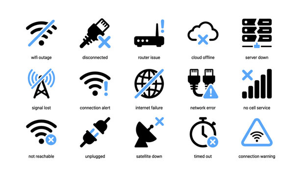 Network outage and connection error icons with warning symbols