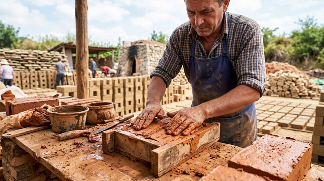 Older male artisan hand molding a wet red clay brick in a wooden frame. Traditional manual brick making in an outdoor yard. Construction material production