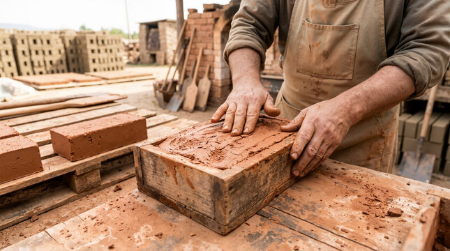 Worker in an apron hand molding a wet red clay brick in a wooden frame. Traditional manual brickyard production process. Artisan shaping construction material