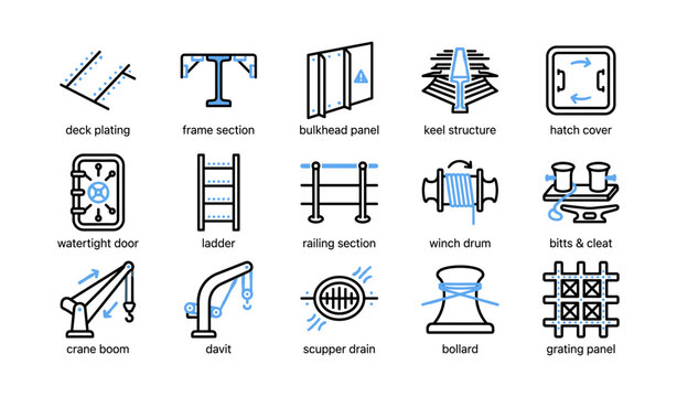 Maritime icons showing ship structure parts and deck fittings on white