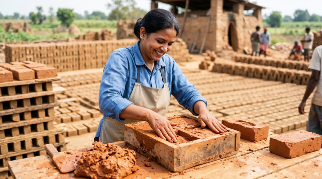 Smiling woman hand molding wet red clay bricks in a wooden frame. Traditional outdoor brickyard with rows of drying bricks. Female artisan at work