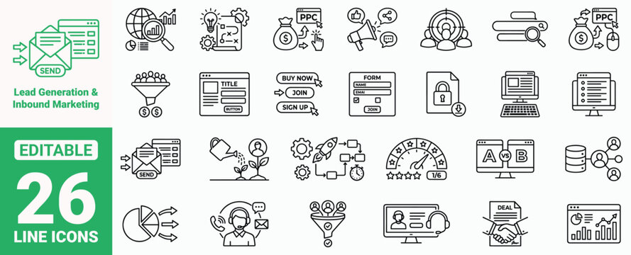 Lead Generation and Inbound Marketing Icon Set. Pay Per Click PPC, Sales Funnel, Landing Page Form, Call to Action, A/B Split Testing, Analytics Line Vector Art