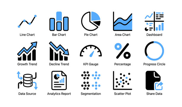 Data visualization icons showing charts, trends and analytics symbols
