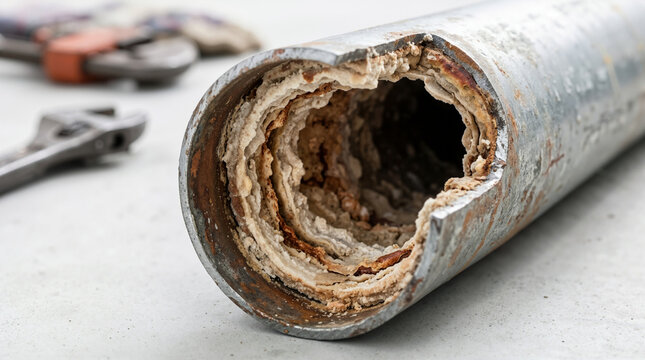 Cut metal pipe showing thick mineral scale buildup inside. Severe limescale and calcium deposits blocking plumbing with tools in background