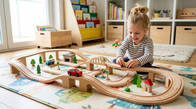 Smiling young girl playing with a wooden toy track. Happy toddler sitting on a play mat in a bright playroom. Childhood development and learning activity