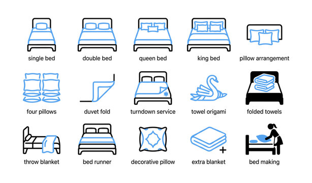 Bedding and bed icons showing sizes, pillows and services