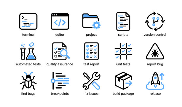 Development and testing icons displayed in grid on white background