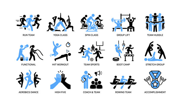Fitness icons depicting group classes and activities on white