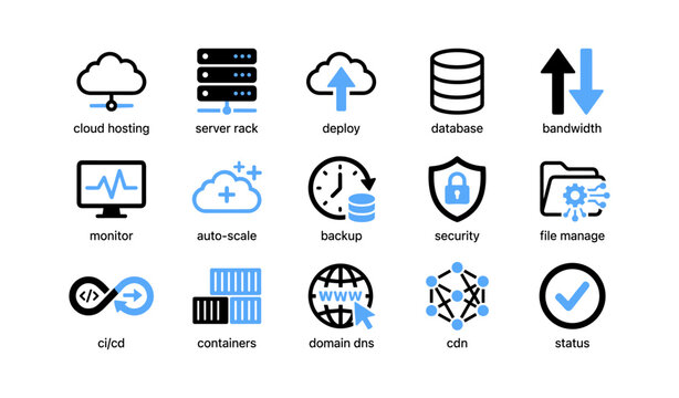 Cloud infrastructure and hosting icons arranged in grid