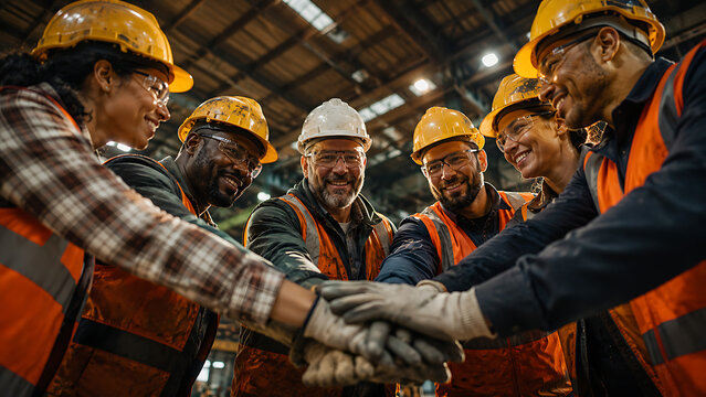 Diverse construction workers in hard hats and safety vests huddle together with hands in a circle, showing teamwork and unity.
