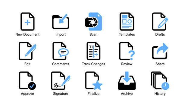Document icons showing actions and labels on white background