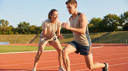 Fototapeta premium Supportive female coach encourages a male athlete during training at the running track under a clear blue sky.