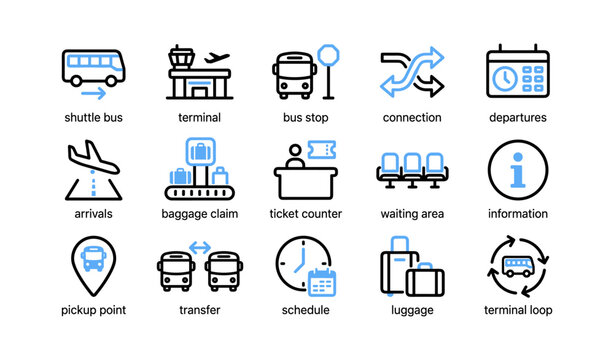 Airport transport icons showing shuttle bus and services
