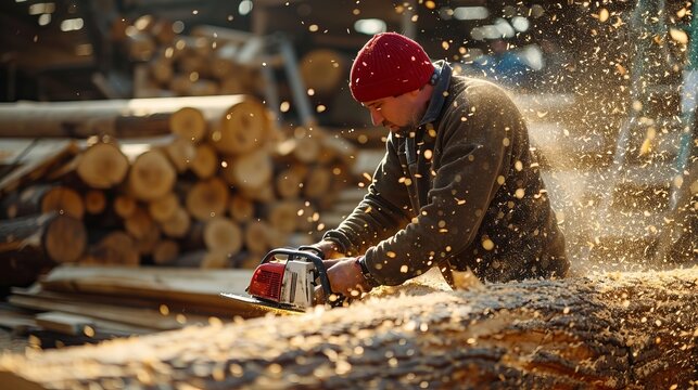 A worker using a chainsaw on a large log, showcasing safety gear and forestry techniques