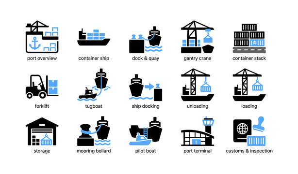 Port and shipping icons illustrating cargo handling and cranes