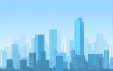 Fototapeta premium A clean, flat illustration of a simple city skyline featuring minimalist buildings in a sky blue palette, designed with sharp geometric shapes, solid colors, and no shadows.