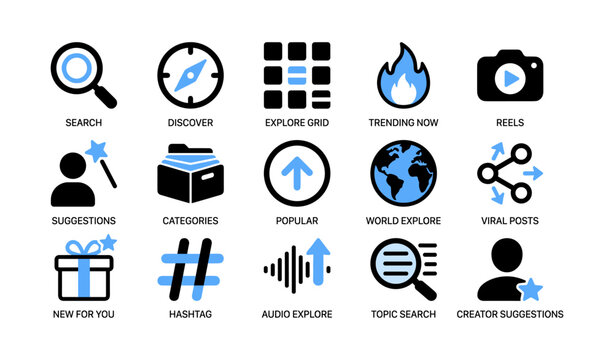Explore and trending icons for search discovery and social