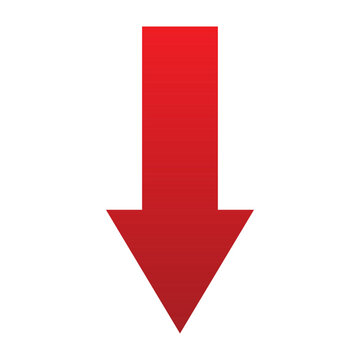 Red arrow pointing down isolated on white background. Flat vector symbol of decrease, economic crisis, financial bankruptcy, market crash and failure. Direction down icon for business and UI design.